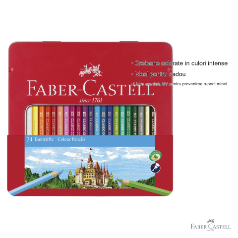 Set 24 creioane colorate Faber-Castell, cutie metal cu fereastra, culori stralucitoare pentru desen si arta [2]
