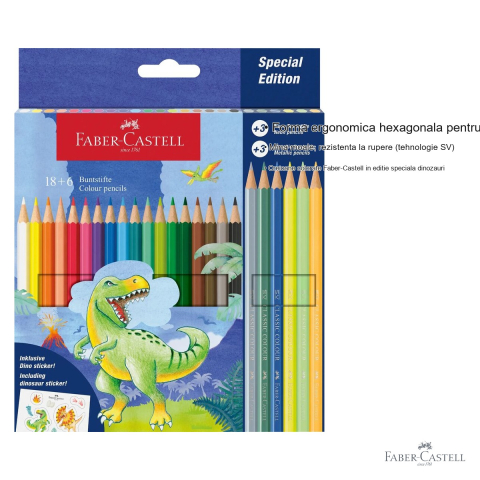 Set 24 creioane colorate Faber-Castell editie dinozauri, 18 standard + 6 neon/pastel, forma hexagonala ergonomica, pentru copii [2]