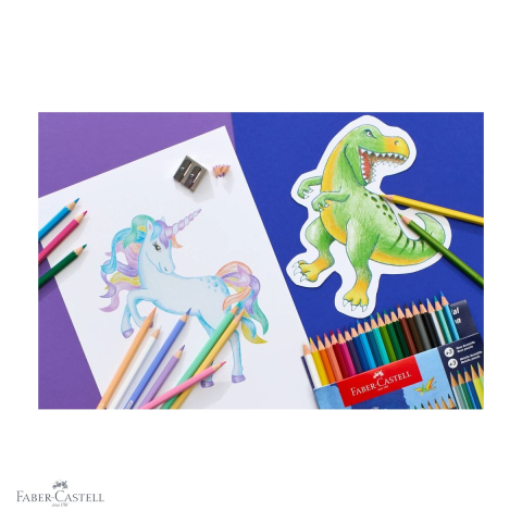 Set 24 creioane colorate Faber-Castell editie dinozauri, 18 standard + 6 neon/pastel, forma hexagonala ergonomica, pentru copii [3]
