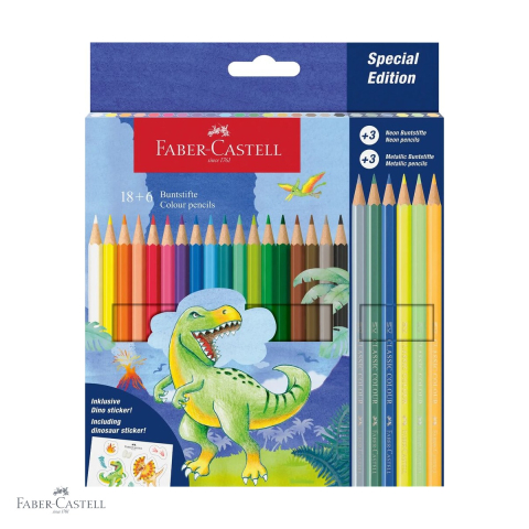 Produse EmagMarketplace - Set 24 creioane colorate Faber-Castell editie dinozauri, 18 standard + 6 neon/pastel, forma hexagonala ergonomica, pentru copii