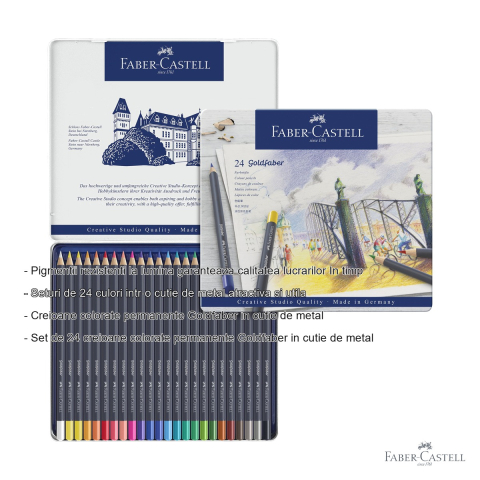 Set 24 creioane colorate Faber-Castell Goldfaber, mina moale, pigmenti rezistenti la lumina, cutie metal [1]