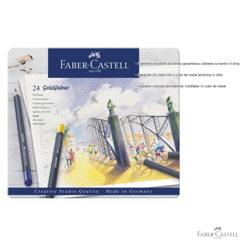 Set 24 creioane colorate Faber-Castell Goldfaber, mina moale, pigmenti rezistenti la lumina, cutie metal [2]
