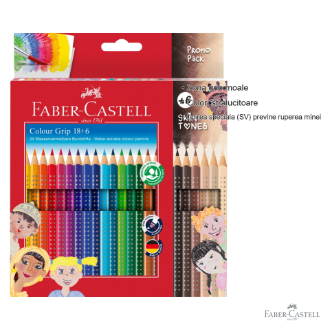 Set 24 creioane colorate Faber-Castell Grip 2001, 18 nuante clasice + 6 tonuri ale pielii, hexagonale cu zona grip, pentru copii si arte [2]