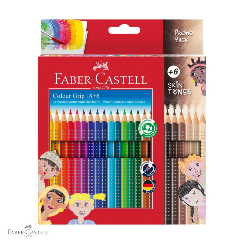 Produse EmagMarketplace - Set 24 creioane colorate Faber-Castell Grip 2001, 18 nuante clasice + 6 tonuri ale pielii, hexagonale cu zona grip, pentru copii si arte