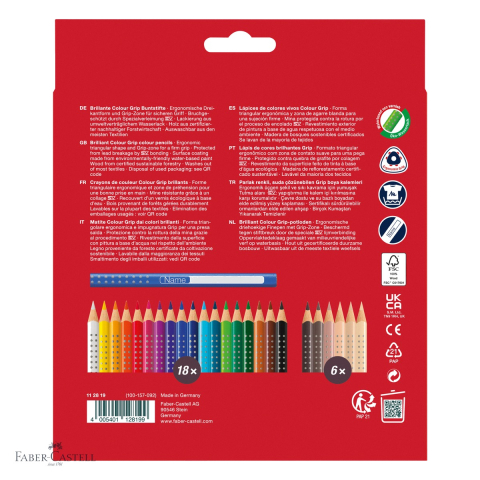 Set 24 creioane colorate Faber-Castell Grip 2001, 18 nuante clasice + 6 tonuri ale pielii, hexagonale cu zona grip, pentru copii si arte [3]