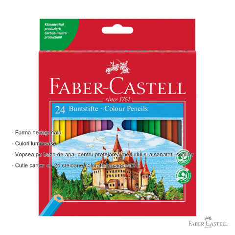 Set 24 creioane colorate hexagonale Faber-Castell, culori stralucitoare, pentru copii si scoala [1]