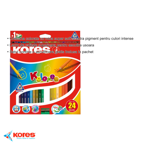 Set 24 creioane colorate triunghiulare Kores, mina super moale cu pigment intens, cu ascutitoare inclusa, pentru copii si scolari [2]