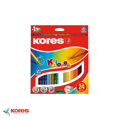Creioane colorate si carioci - Set 24 creioane colorate triunghiulare Kores, mina super moale cu pigment intens, cu ascutitoare inclusa, pentru copii si scolari