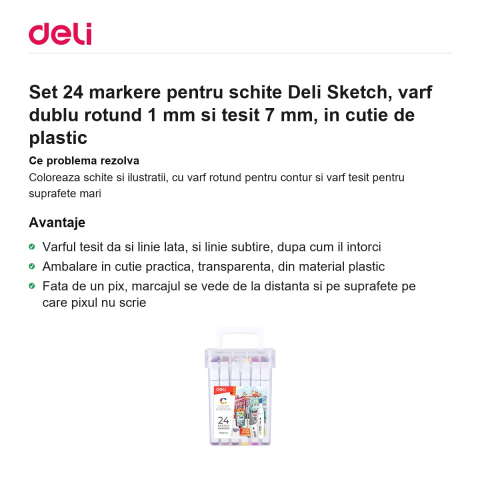 Set 24 markere pentru schite Deli Sketch, varf dublu rotund 1 mm si tesit 7 mm, in cutie de plastic [1]