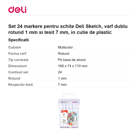 Set 24 markere pentru schite Deli Sketch, varf dublu rotund 1 mm si tesit 7 mm, in cutie de plastic [2]