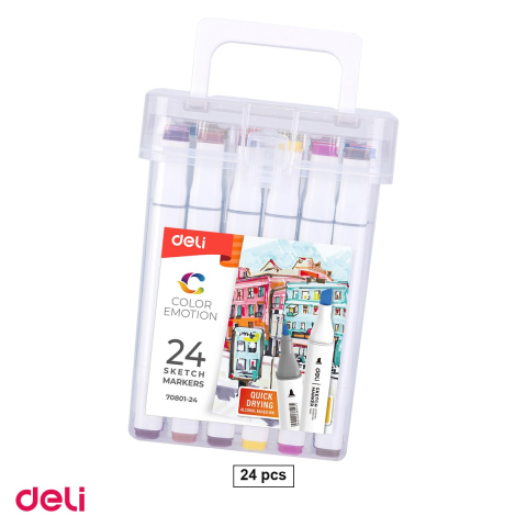 Handmade Creativ si Hobby - Set 24 markere pentru schite Deli Sketch, varf dublu rotund 1 mm si tesit 7 mm, in cutie de plastic