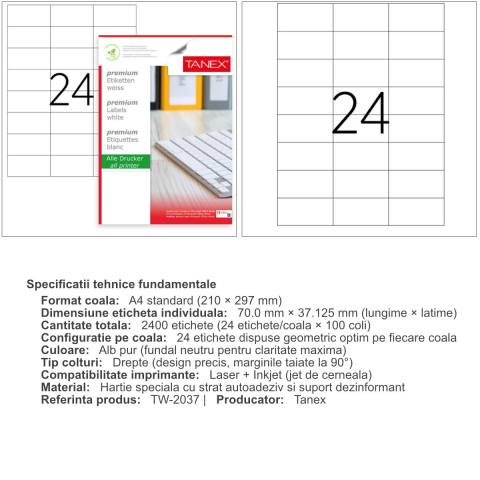 Set 2400 etichete autoadezive, 100 coli A4, 24 etichete/coala, 70x37.125 mm, albe, colturi drepte, pentru imprimante laser si inkjet, Tanex TW-2037 [2]