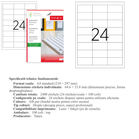 Set 2400 etichete autoadezive A4, 100 coli, 24 etichete/coala, 64.6x33.8 mm, albe, colturi drepte, pentru imprimante laser si inkjet, Tanex [2]
