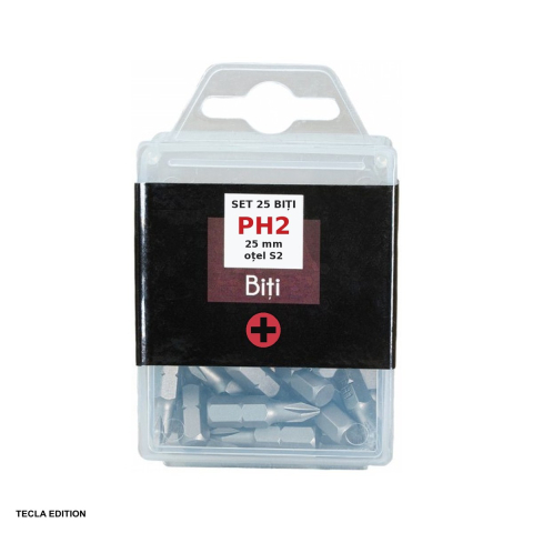 Biti pentru insurubare - Set 25 biti PH2, 25 mm, otel S2, insurubeaza suruburile cu cap cruce Phillips (PH), cele folosite des la gips-carton si mobila