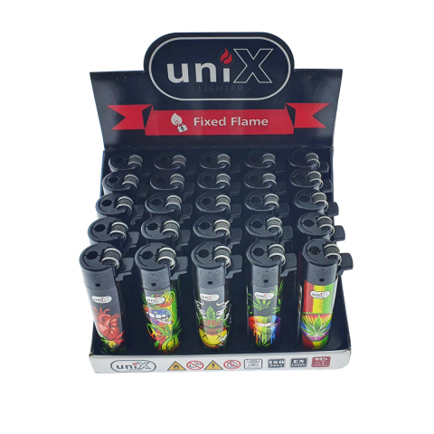 Aprinzatoare - Set 25 brichete Unix de buzunar, model Fixed Flame, reincarcabile, cu design
