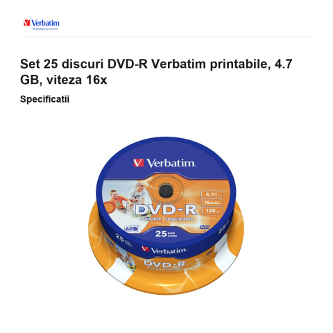 Set 25 discuri DVD-R Verbatim printabile, 4.7 GB, viteza 16x [2]