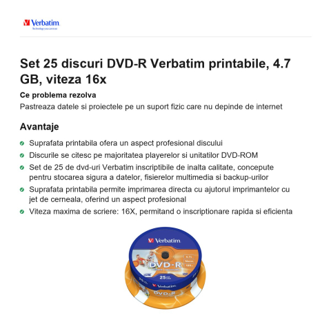 Set 25 discuri DVD-R Verbatim printabile, 4.7 GB, viteza 16x [1]
