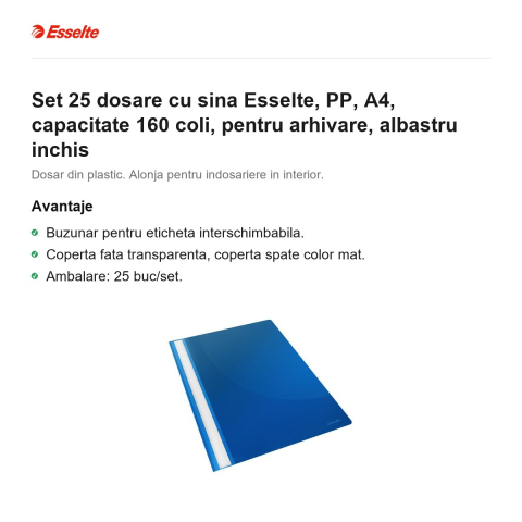 Set 25 dosare cu sina Esselte, PP, A4, capacitate 160 coli, pentru arhivare, albastru inchis [1]