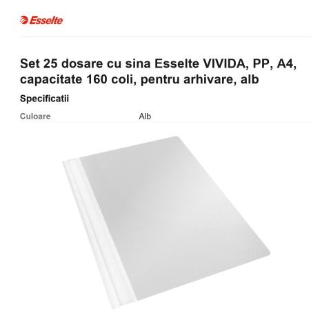 Set 25 dosare cu sina Esselte VIVIDA, PP, A4, capacitate 160 coli, pentru arhivare, alb [2]