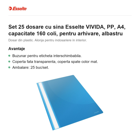 Set 25 dosare cu sina Esselte VIVIDA, PP, A4, capacitate 160 coli, pentru arhivare, albastru [1]