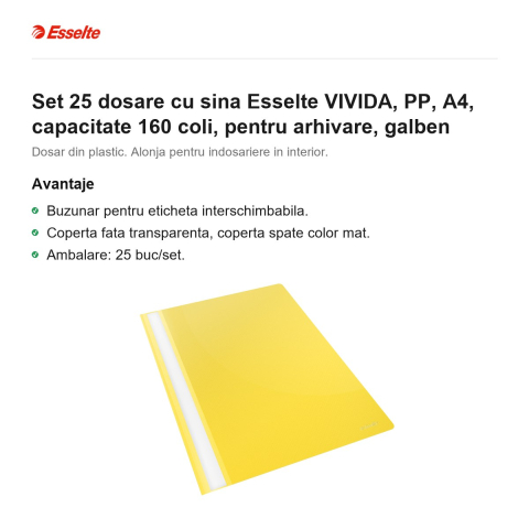 Set 25 dosare cu sina Esselte VIVIDA, PP, A4, capacitate 160 coli, pentru arhivare, galben [1]