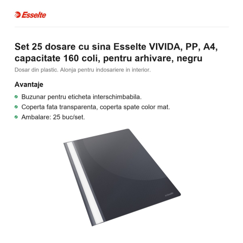 Set 25 dosare cu sina Esselte VIVIDA, PP, A4, capacitate 160 coli, pentru arhivare, negru [1]