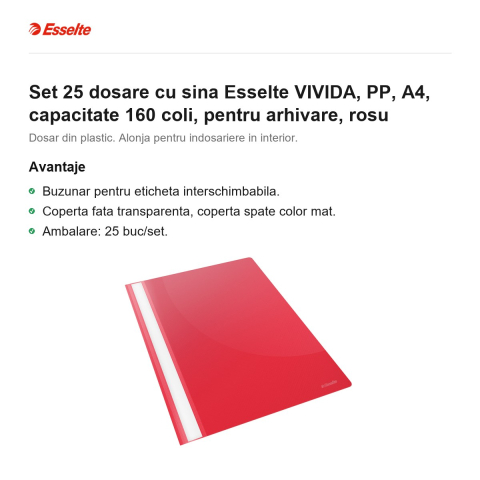 Set 25 dosare cu sina Esselte VIVIDA, PP, A4, capacitate 160 coli, pentru arhivare, rosu [1]