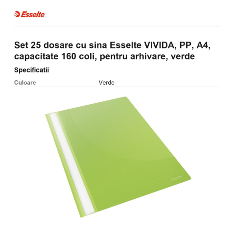 Set 25 dosare cu sina Esselte VIVIDA, PP, A4, capacitate 160 coli, pentru arhivare, verde [2]
