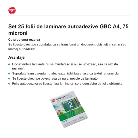 Set 25 folii de laminare autoadezive GBC A4, 75 microni [1]