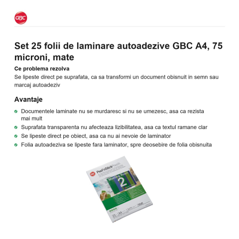 Set 25 folii de laminare autoadezive GBC A4, 75 microni, mate [1]