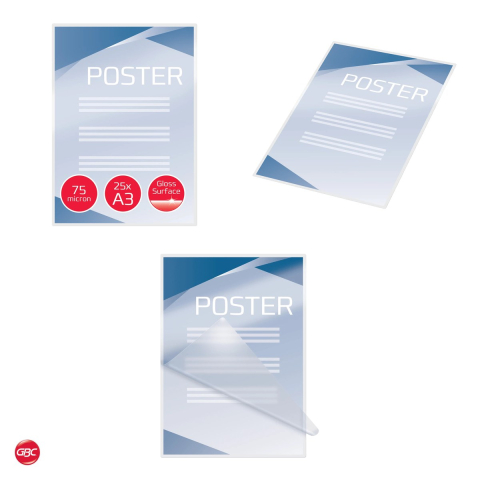 Set 25 folii de laminare GBC A3, 75 microni, lucioase, pentru laminare la cald, 297x420 mm, transparente [3]