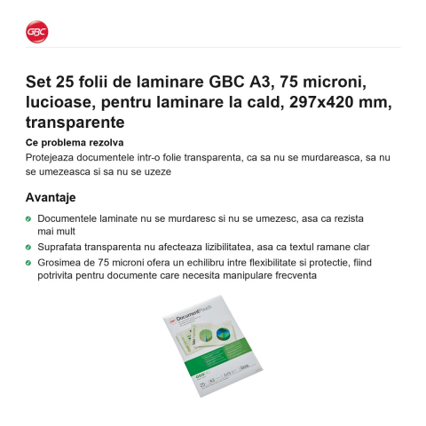 Set 25 folii de laminare GBC A3, 75 microni, lucioase, pentru laminare la cald, 297x420 mm, transparente [1]