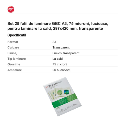 Set 25 folii de laminare GBC A3, 75 microni, lucioase, pentru laminare la cald, 297x420 mm, transparente [2]