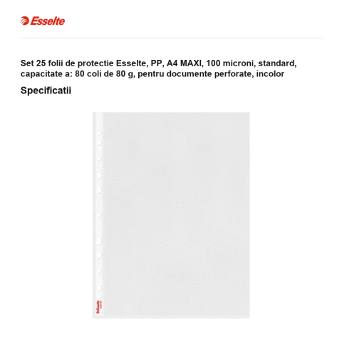 Set 25 folii de protectie Esselte, PP, A4 MAXI, 100 microni, standard, capacitate a: 80 coli de 80 g, pentru documente perforate, incolor [2]