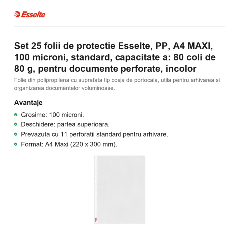 Set 25 folii de protectie Esselte, PP, A4 MAXI, 100 microni, standard, capacitate a: 80 coli de 80 g, pentru documente perforate, incolor [1]