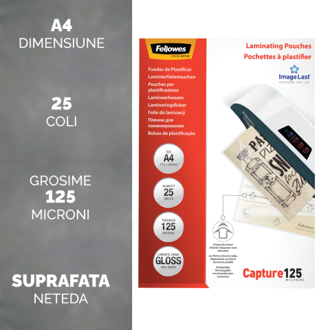 Set 25 folii laminare Fellowes ImageLast, format A4, 125 microni, finisaj lucios, pachet 25 bucati, cu indicator directional pentru utilizare corecta [1]