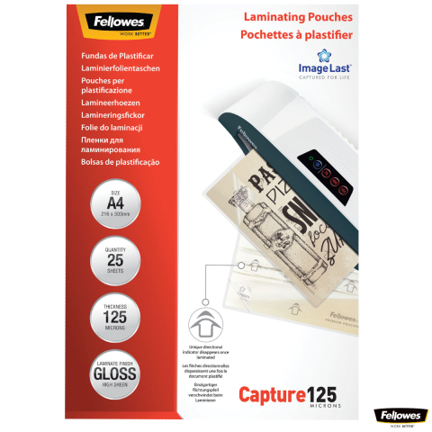 Produse EmagMarketplace - Set 25 folii laminare Fellowes ImageLast, format A4, 125 microni, finisaj lucios, pachet 25 bucati, cu indicator directional pentru utilizare corecta