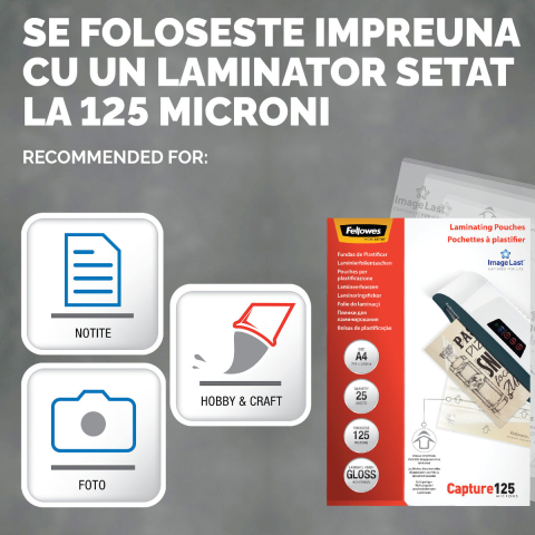 Set 25 folii laminare Fellowes ImageLast, format A4, 125 microni, finisaj lucios, pachet 25 bucati, cu indicator directional pentru utilizare corecta [2]