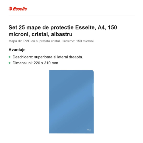 Set 25 mape de protectie Esselte, A4, 150 microni, cristal, albastru [1]