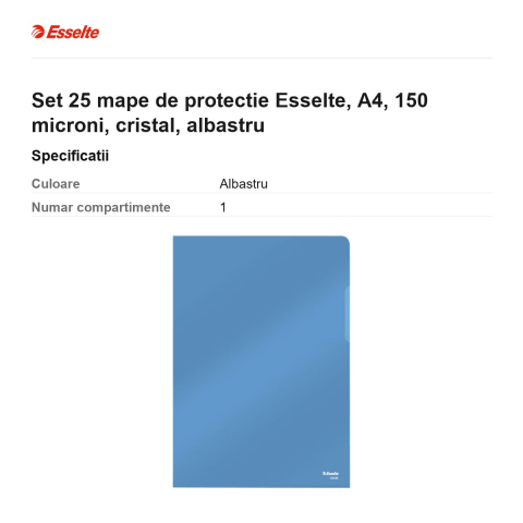 Set 25 mape de protectie Esselte, A4, 150 microni, cristal, albastru [2]