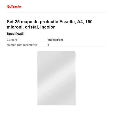 Set 25 mape de protectie Esselte, A4, 150 microni, cristal, incolor [2]