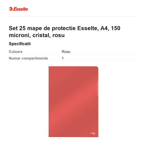 Set 25 mape de protectie Esselte, A4, 150 microni, cristal, rosu [2]