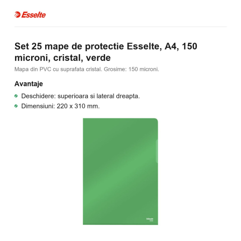 Set 25 mape de protectie Esselte, A4, 150 microni, cristal, verde [1]
