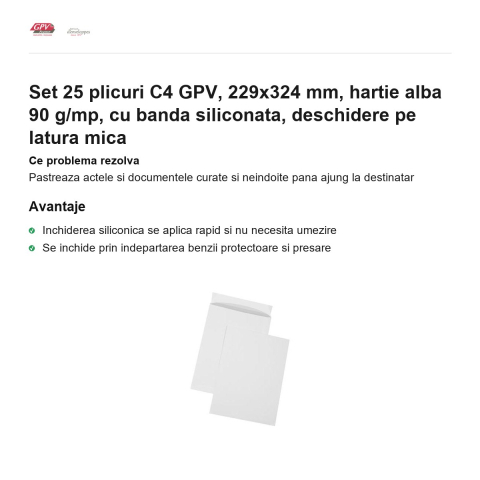 Set 25 plicuri C4 GPV, 229x324 mm, hartie alba 90 g/mp, cu banda siliconata, deschidere pe latura mica [1]