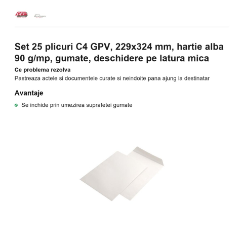 Set 25 plicuri C4 GPV, 229x324 mm, hartie alba 90 g/mp, gumate, deschidere pe latura mica [1]