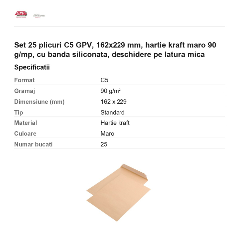 Set 25 plicuri C5 GPV, 162x229 mm, hartie kraft maro 90 g/mp, cu banda siliconata, deschidere pe latura mica [2]