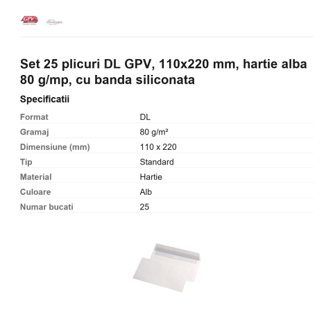 Set 25 plicuri DL GPV, 110x220 mm, hartie alba 80 g/mp, cu banda siliconata [2]