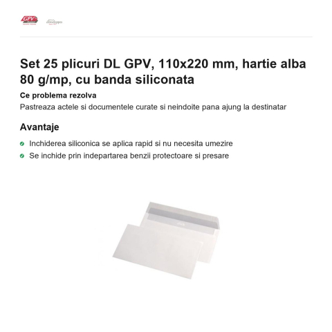 Set 25 plicuri DL GPV, 110x220 mm, hartie alba 80 g/mp, cu banda siliconata [1]