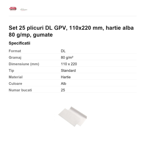 Set 25 plicuri DL GPV, 110x220 mm, hartie alba 80 g/mp, gumate [2]