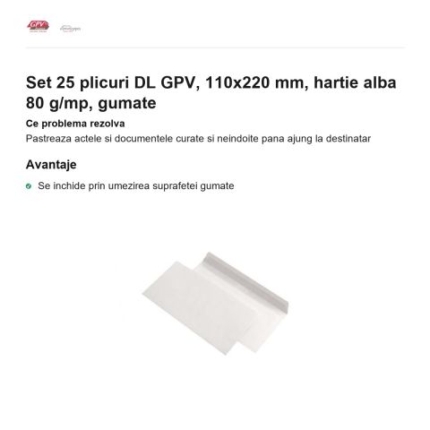 Set 25 plicuri DL GPV, 110x220 mm, hartie alba 80 g/mp, gumate [1]